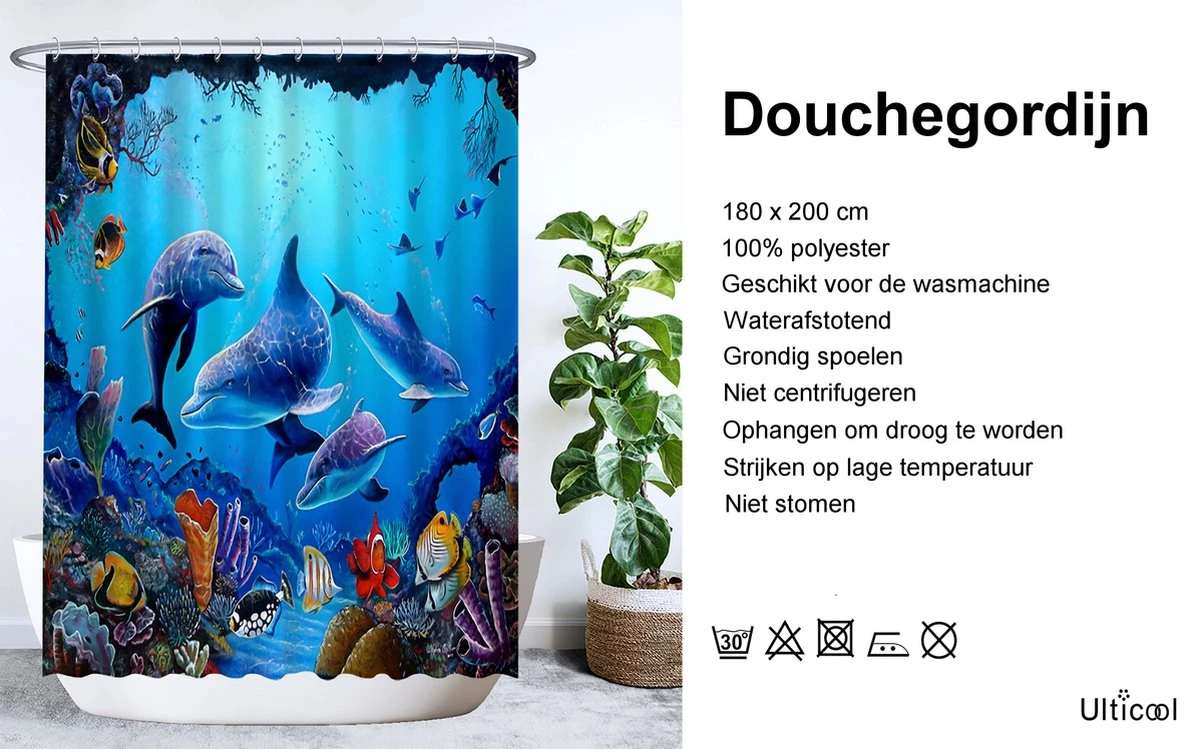 Ulticool Douchegordijn - Dolfijn Zee Vissen Aquarium - 180 X 200 Cm - Semi Transparant - Met 12 Ringen Wit - Anti Schimmel - Blauw 2 Ulticool Douchegordijn - Dolfijn Zee Vissen Aquarium - 180 X 200 Cm - Semi Transparant - Met 12 Ringen Wit - Anti Schimmel - Blauw - Afbeelding 2
