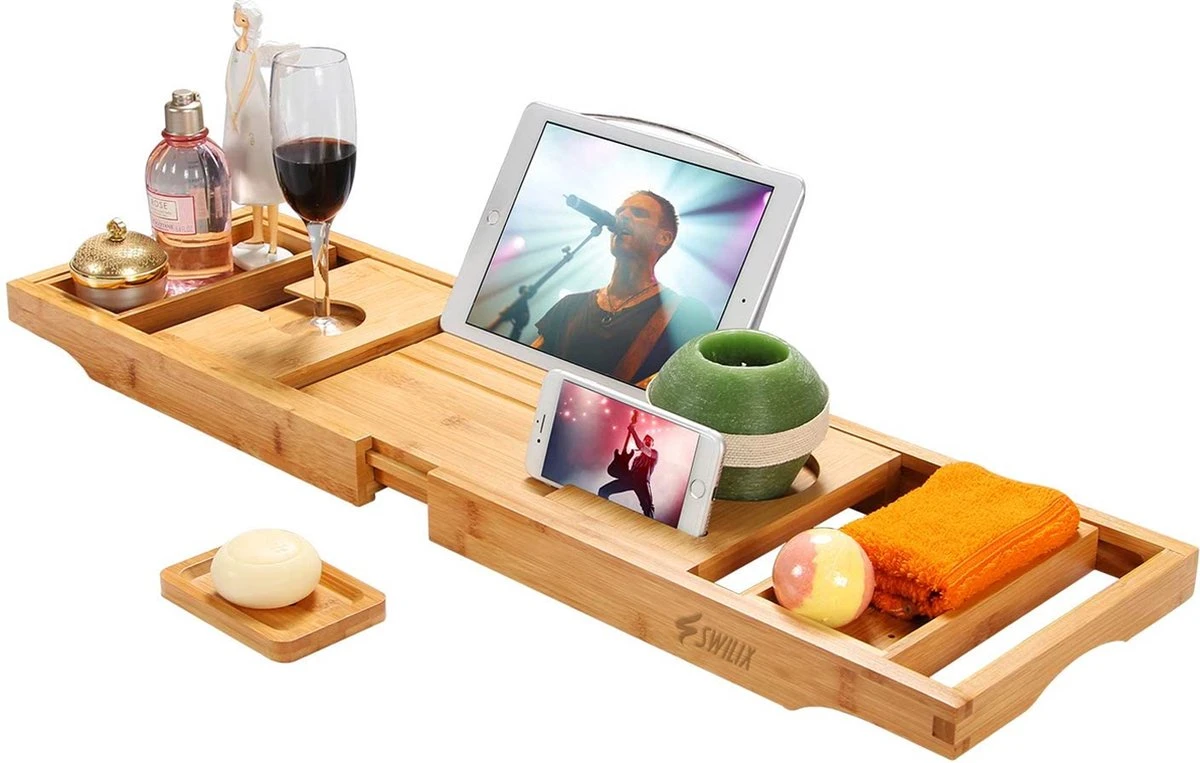 SWILIX ® Badplank - Uitschuifbaar - Voor In Bad - 71 Tot 108 Cm - Met Houder - Hout 1 SWILIX ® Badplank - Uitschuifbaar - Voor In Bad - 71 Tot 108 Cm - Met Houder - Hout