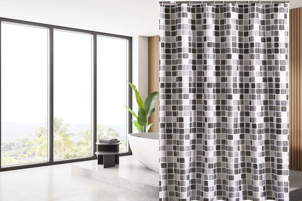 Su.B.dgn Douchegordijn 120x180 Anti Schimmel Polyester Badkamer Douchegordijn Wasbaar Met 12 Ringenl | Grijs Vierkant 2 Su.B.dgn Douchegordijn 120x180 Anti Schimmel Polyester Badkamer Douchegordijn Wasbaar Met 12 Ringenl | Grijs Vierkant - Afbeelding 2