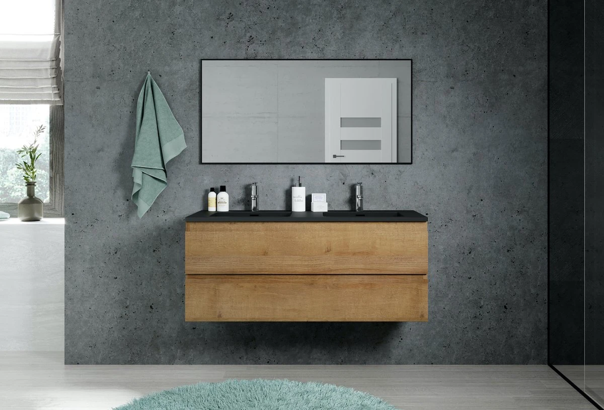 Badkamermeubel Angela 120cm Eiken - Badmeubel Met Zwarte Wastafel 2 Badkamermeubel Angela 120cm Eiken - Badmeubel Met Zwarte Wastafel - Afbeelding 2