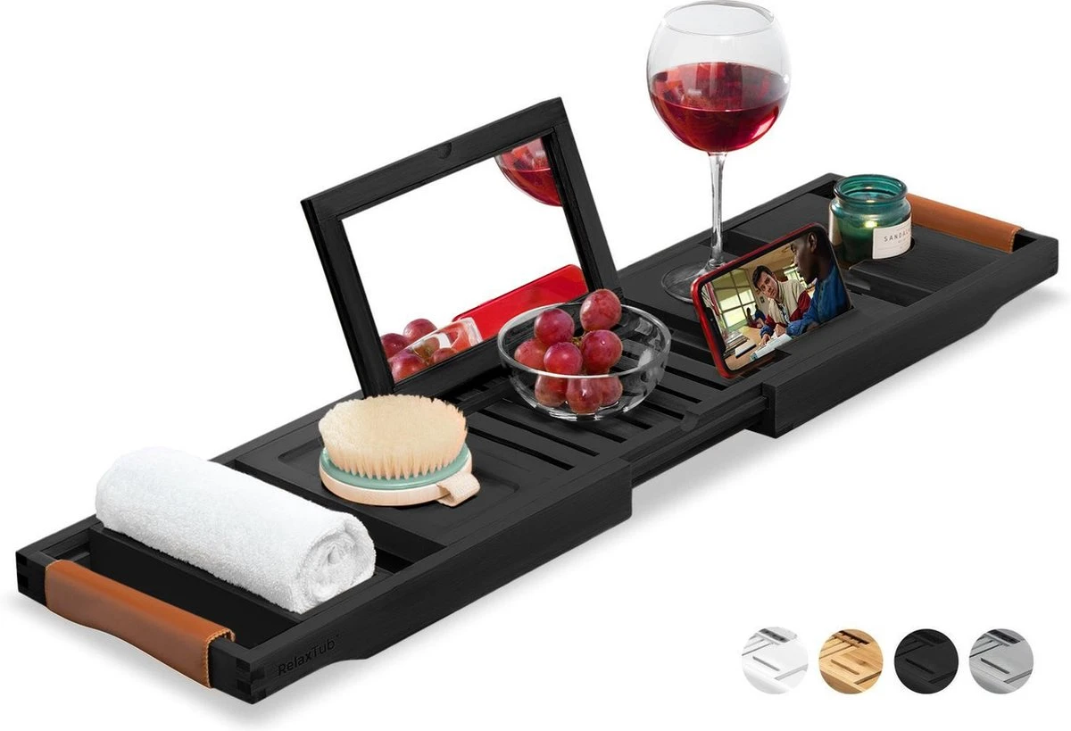 RelaxTub® Badplank - Badplank Voor In Bad - Badrek - Verstelbaar - Anti Slip - Badplank Zwart - Badplank Hout - Badrekje Inclusief Boekenhouder, Tablethouder & Spiegel 1 RelaxTub® Badplank - Badplank Voor In Bad - Badrek - Verstelbaar - Anti Slip - Badplank Zwart - Badplank Hout - Badrekje Inclusief Boekenhouder, Tablethouder & Spiegel