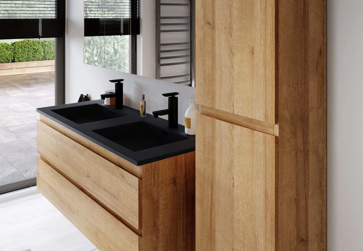 Badkamermeubel Angela 120cm Eiken - Badmeubel Met Zwarte Wastafel 9 Badkamermeubel Angela 120cm Eiken - Badmeubel Met Zwarte Wastafel - Afbeelding 9