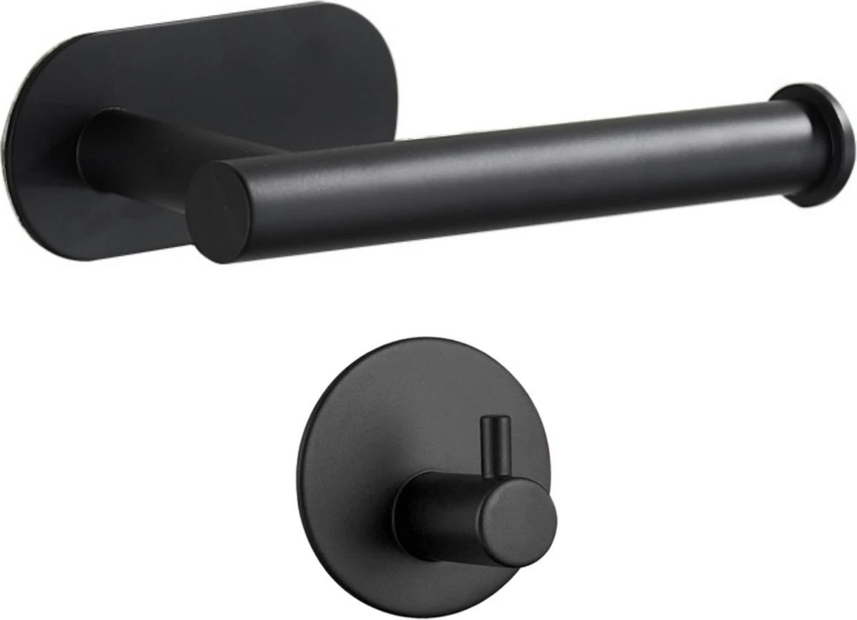 Toiletrolhouder Inclusief Handdoekhaak - Zonder Boren - Zelfklevend - Zwart - Staand 1 Toiletrolhouder Inclusief Handdoekhaak - Zonder Boren - Zelfklevend - Zwart - Staand