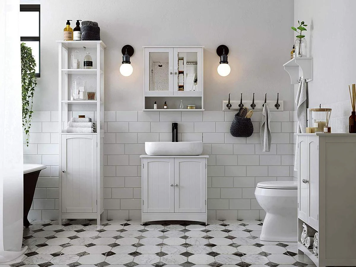 Badkamerkastje Met Twee Spiegels Als Deuren - Inclusief Open Plankje - 56x13x58cm - Wit 3 Badkamerkastje Met Twee Spiegels Als Deuren - Inclusief Open Plankje - 56x13x58cm - Wit - Afbeelding 3