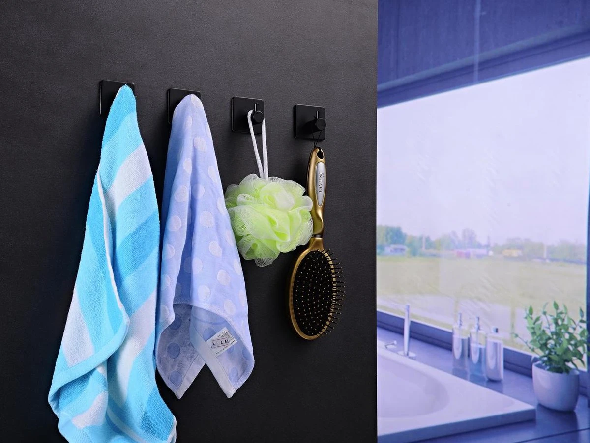 Handdoekhaakjes - Badkamer Zelfklevend – 4 Stuks – RVS - Zwart 4 Handdoekhaakjes - Badkamer Zelfklevend – 4 Stuks – RVS - Zwart - Afbeelding 4