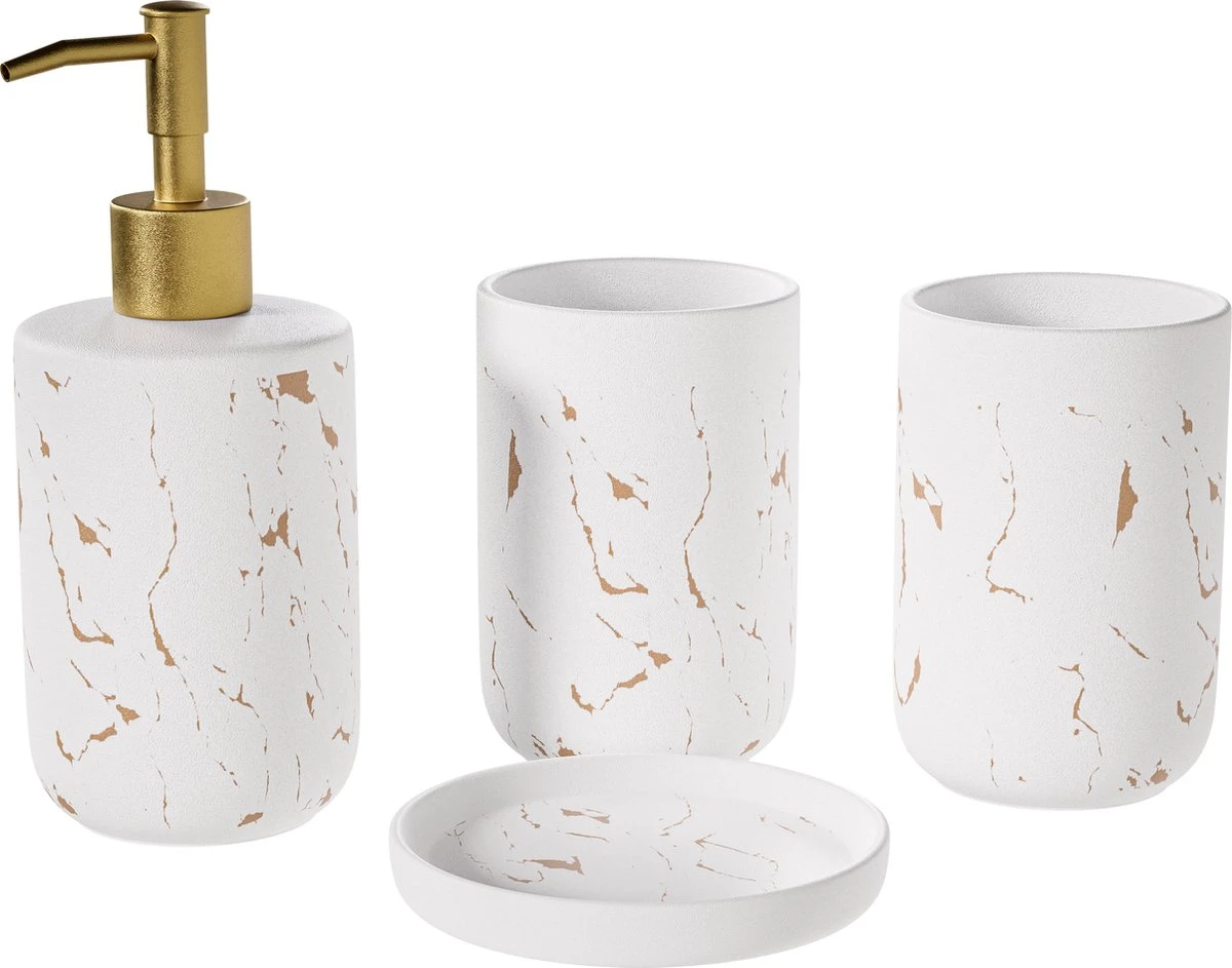 Selotus® Badkamer Set Van 4 – Badkamer Accessoires – Zeepdispenser – Dispenser - Tandenborstelhouder – Zeepbakje – Zeephouder – Vrijstaand – Planchet - Zeeppompje - – Wit Goud 1 Selotus® Badkamer Set Van 4 – Badkamer Accessoires – Zeepdispenser – Dispenser - Tandenborstelhouder – Zeepbakje – Zeephouder – Vrijstaand – Planchet - Zeeppompje - – Wit Goud