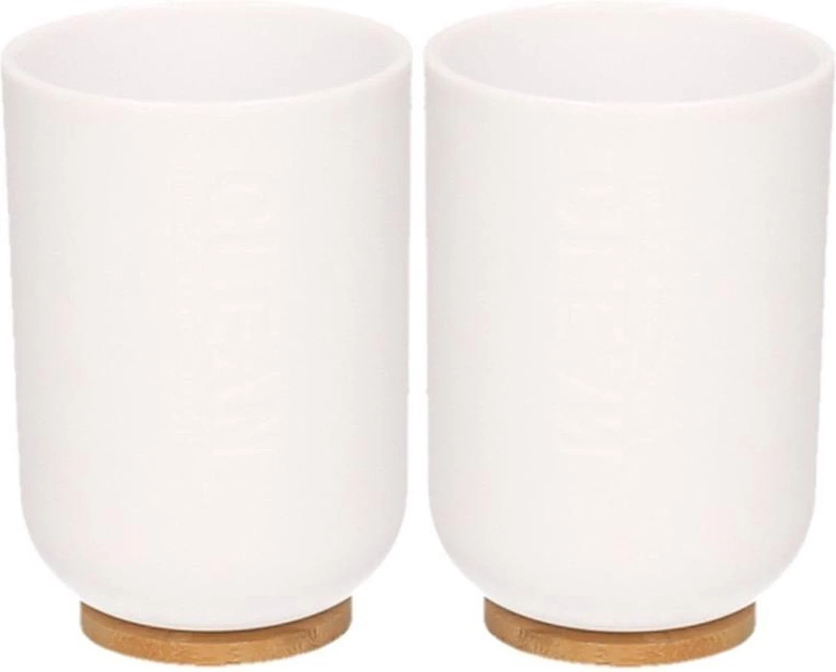 Merkloos 2x Witte Badkamer/keuken Bekers Met Bamboe 11 Cm- 300 Ml - Badkameraccessoires - Drinkbeker 1 Merkloos 2x Witte Badkamer/keuken Bekers Met Bamboe 11 Cm- 300 Ml - Badkameraccessoires - Drinkbeker
