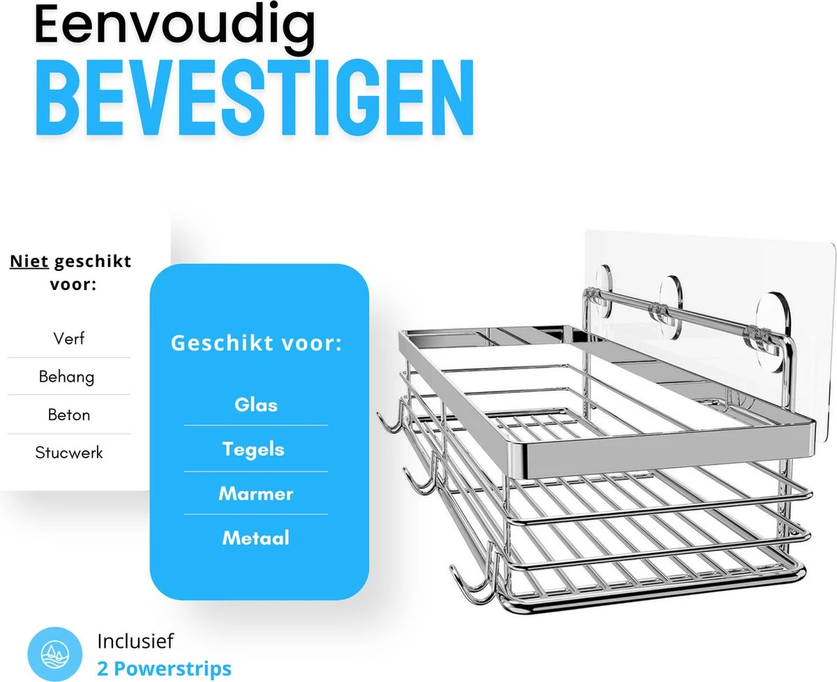 RVS Doucherek Zelfklevend Zonder Boren - Douchemand Hangend - 15KG Draagvermogen - Zilver/Chroom 5 RVS Doucherek Zelfklevend Zonder Boren - Douchemand Hangend - 15KG Draagvermogen - Zilver/Chroom - Afbeelding 5