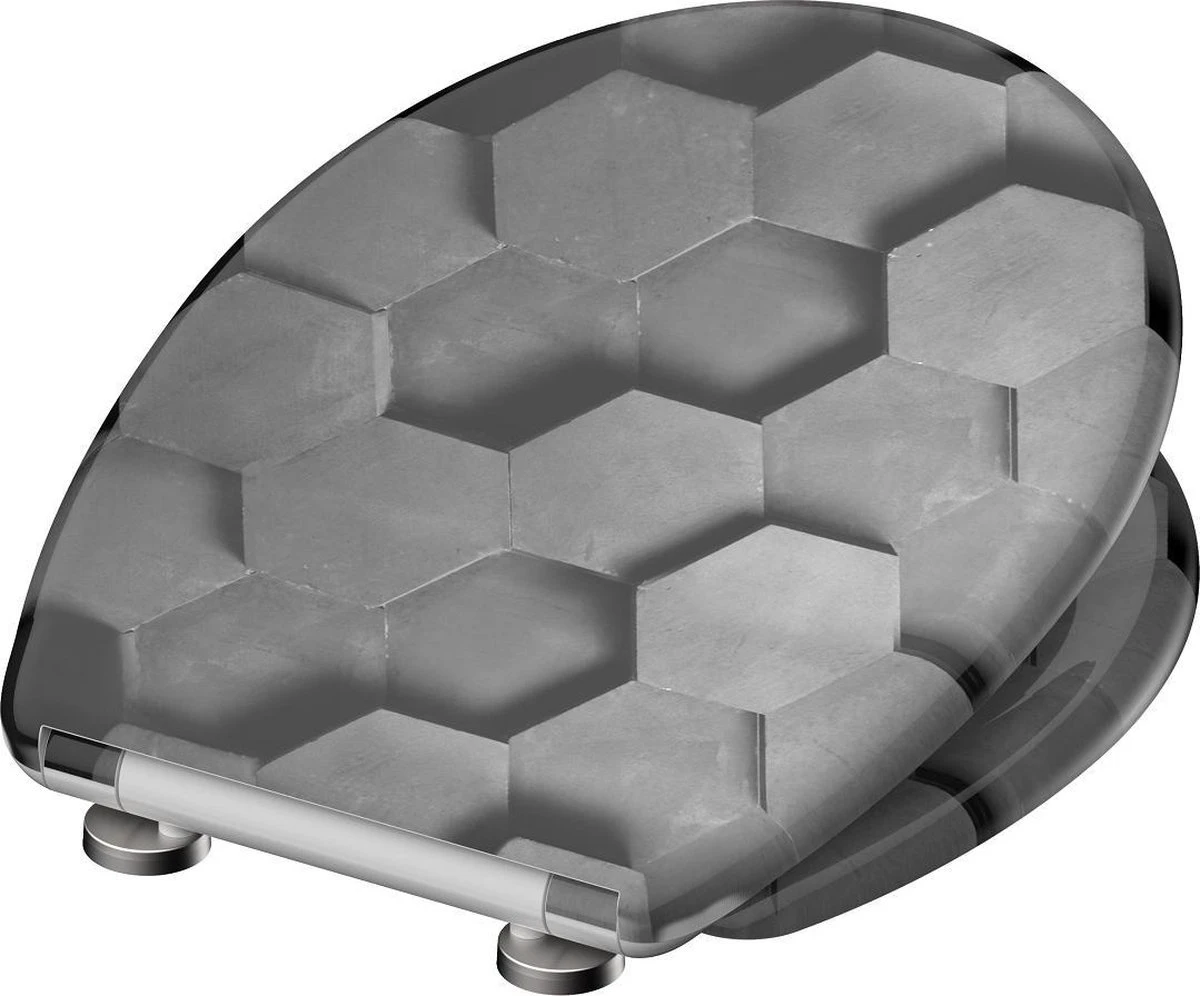 SCHÜTTE WC-Bril 82392 GREY HEXAGONS - Duroplast - Soft Close - Afklikbaar - RVS-Scharnieren - Decor - 3-zijdige Print 2 SCHÜTTE WC-Bril 82392 GREY HEXAGONS - Duroplast - Soft Close - Afklikbaar - RVS-Scharnieren - Decor - 3-zijdige Print - Afbeelding 2