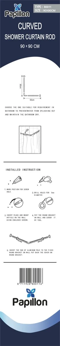 Papillon Douchegordijnstang - 90x90 Cm - Aluminium - Wit 5 Papillon Douchegordijnstang - 90x90 Cm - Aluminium - Wit - Afbeelding 5