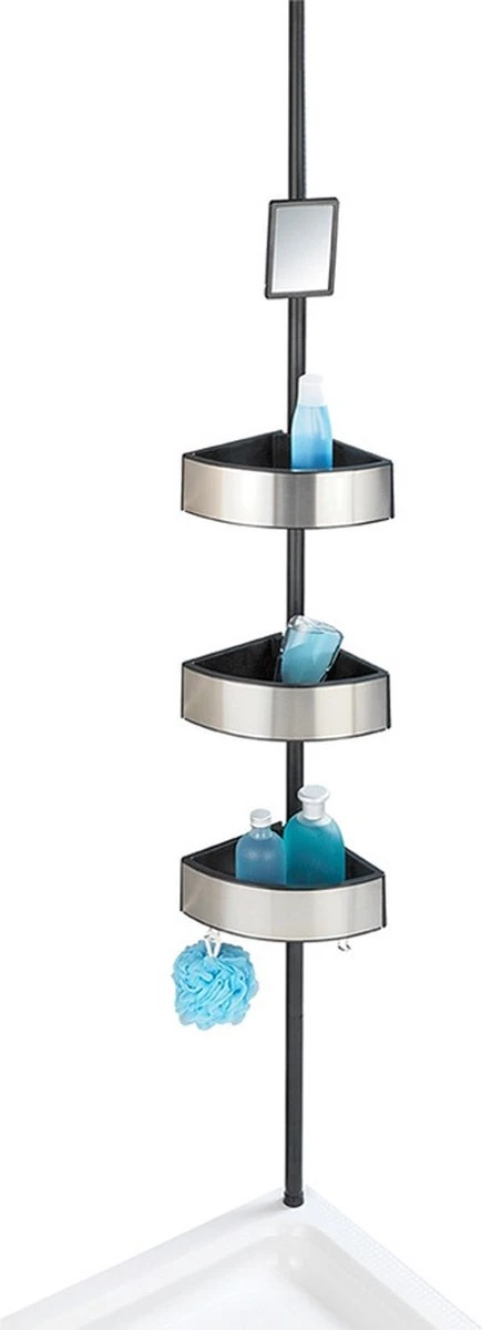 WENKO Telescopisch Doucherek Big Black 3-laags Met Spiegel Zilver/zwart - Bevestigen Zonder Boren 1 WENKO Telescopisch Doucherek Big Black 3-laags Met Spiegel Zilver/zwart - Bevestigen Zonder Boren