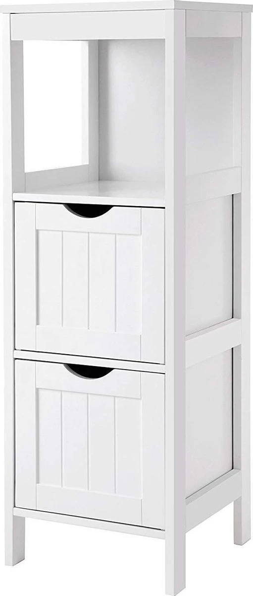 Staand Houten Badkamerkastje Met 2 Te Benutten Schuiflades - Vrijstaand Kastje Voor Badkamer Met Twee Lades - 30x30x89cm - Wit 9 Staand Houten Badkamerkastje Met 2 Te Benutten Schuiflades - Vrijstaand Kastje Voor Badkamer Met Twee Lades - 30x30x89cm - Wit - Afbeelding 9