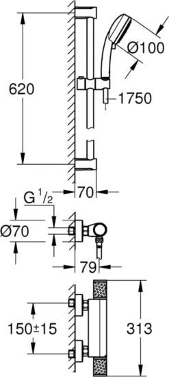 GROHE Grohtherm-1000 Performance Renovatieset - Met Thermostaatkraan, Koppelingen, Glijstang En Hoofddouche - CoolTouch - Chroom -Merkloos Verkoop 540x1200