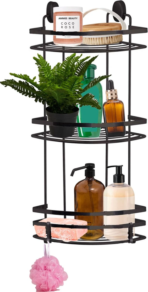 Concorde - Doucherekje Met Haakjes Hoek Model 3-laags - Zwart - H50 Cm 1 Concorde - Doucherekje Met Haakjes Hoek Model 3-laags - Zwart - H50 Cm
