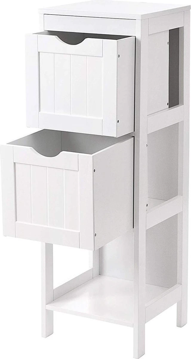 Staand Houten Badkamerkastje Met 2 Te Benutten Schuiflades - Vrijstaand Kastje Voor Badkamer Met Twee Lades - 30x30x89cm - Wit 5 Staand Houten Badkamerkastje Met 2 Te Benutten Schuiflades - Vrijstaand Kastje Voor Badkamer Met Twee Lades - 30x30x89cm - Wit - Afbeelding 5