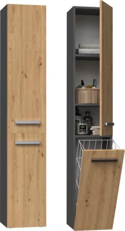 Merkloos Badkamermeubel-Badkamerkast – Wandkast – Kolomkast – Hoog – Met Wasmand – Antraciet- Eiken Kleur