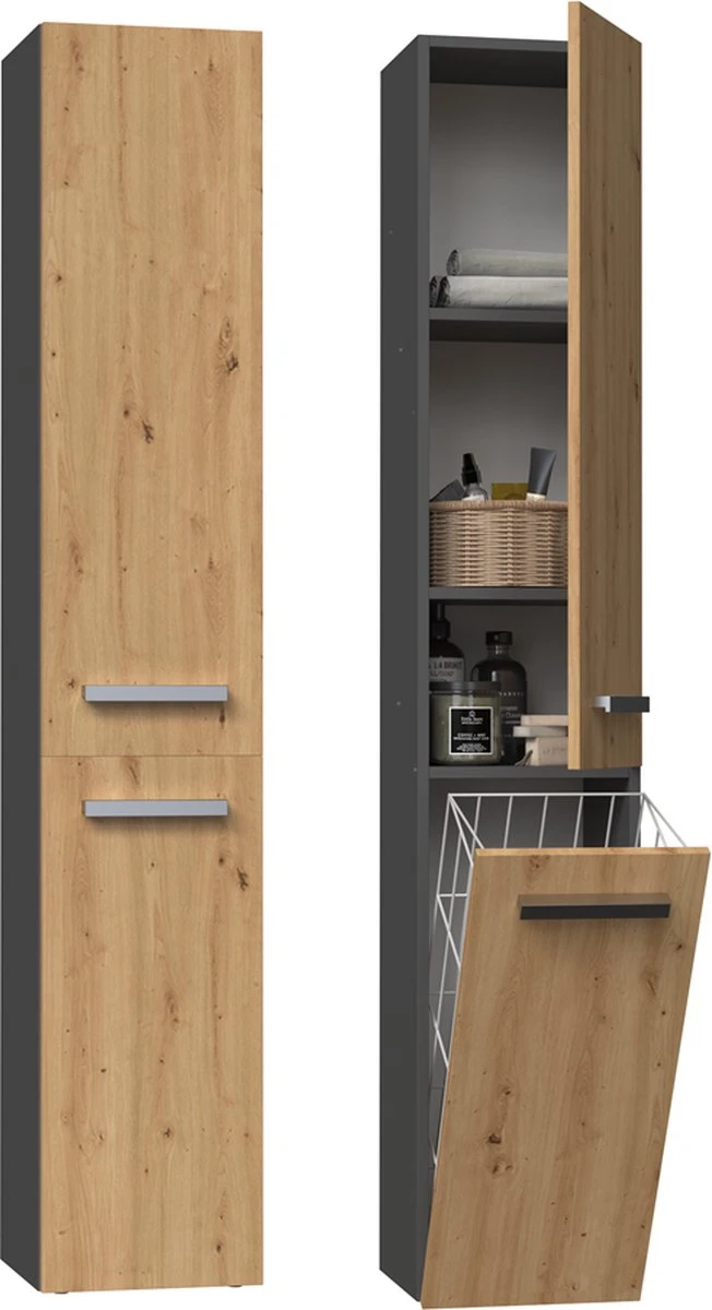 Merkloos Badkamermeubel-Badkamerkast – Wandkast – Kolomkast – Hoog – Met Wasmand – Antraciet- Eiken Kleur 1 Merkloos Badkamermeubel-Badkamerkast – Wandkast – Kolomkast – Hoog – Met Wasmand – Antraciet- Eiken Kleur