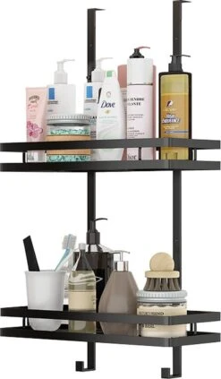 Doucherek Zonder Boren Inclusief Douchewisser - Aan Douchewand - Zwart - Ophangbaar - Zuignap - 2 Laags - Wiper - Shower Rack - Valentijnsdag Cadeau -Merkloos Verkoop 701x1200