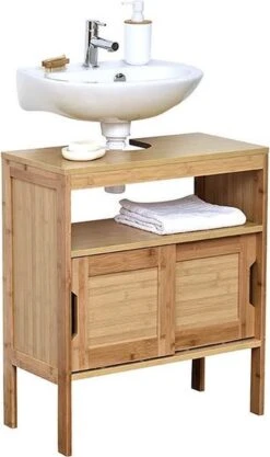 Design Bamboe En MDF Wastafelmeubel Met 2 MDF Schuifdeuren + 1 Plank - Bamboe - 70x60x30cm - Badkamer - Badmeubel - Wastafel