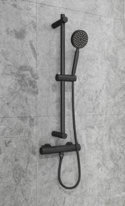 Wesseling & Bos Eva Doucheset – Douchemengkraan Met Thermostaat-glijstang 60 Cm - Mat Zwart - Compleet Met Alle Montagemateriaal