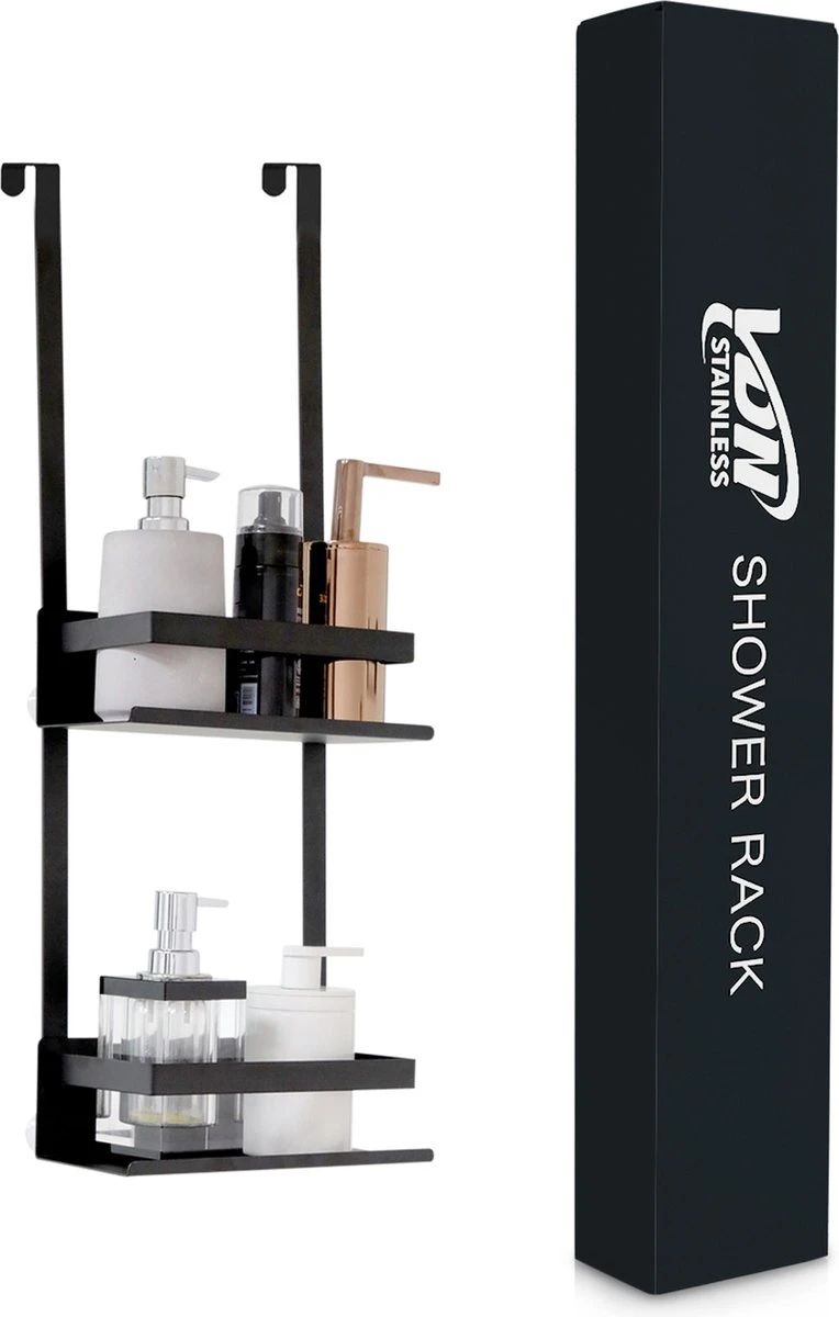 VDN Stainless Doucherek Zonder Boren - Doucherek Hangend - Doucherek Zwart - RVS - Doucherek Aan Douchewand - 2 Laags 6 VDN Stainless Doucherek Zonder Boren - Doucherek Hangend - Doucherek Zwart - RVS - Doucherek Aan Douchewand - 2 Laags - Afbeelding 6