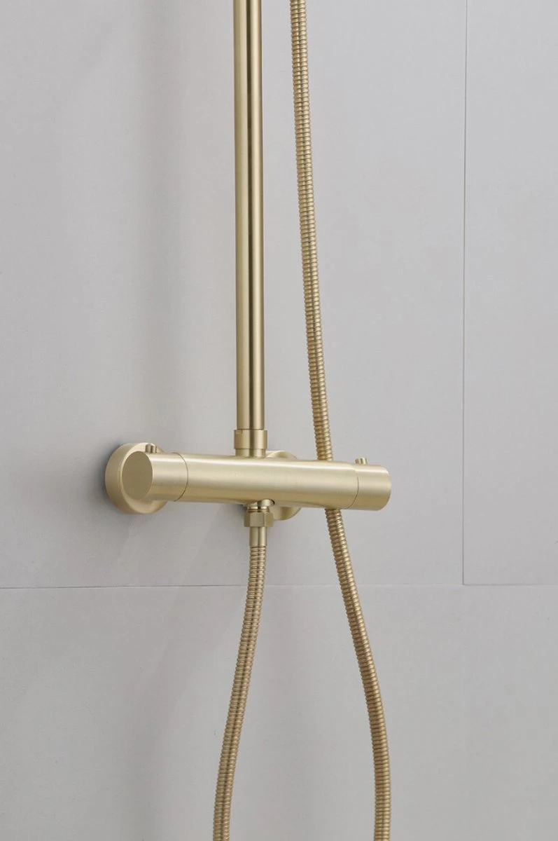 Wesseling & Bos Doucheset - Regendouche Mat Goud Geborsteld - Doucheset Met Thermostaatkraan - Atlanta 2 Wesseling & Bos Doucheset - Regendouche Mat Goud Geborsteld - Doucheset Met Thermostaatkraan - Atlanta - Afbeelding 2