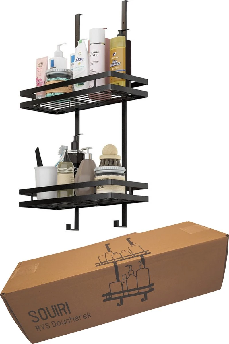 Souiri Doucherek - Stainless Doucherek - Zonder Boren - Doucherek Zwart - Doucherek Hangend - Badkamer Accessoires - RVS - 2 Laags 4 Souiri Doucherek - Stainless Doucherek - Zonder Boren - Doucherek Zwart - Doucherek Hangend - Badkamer Accessoires - RVS - 2 Laags - Afbeelding 4