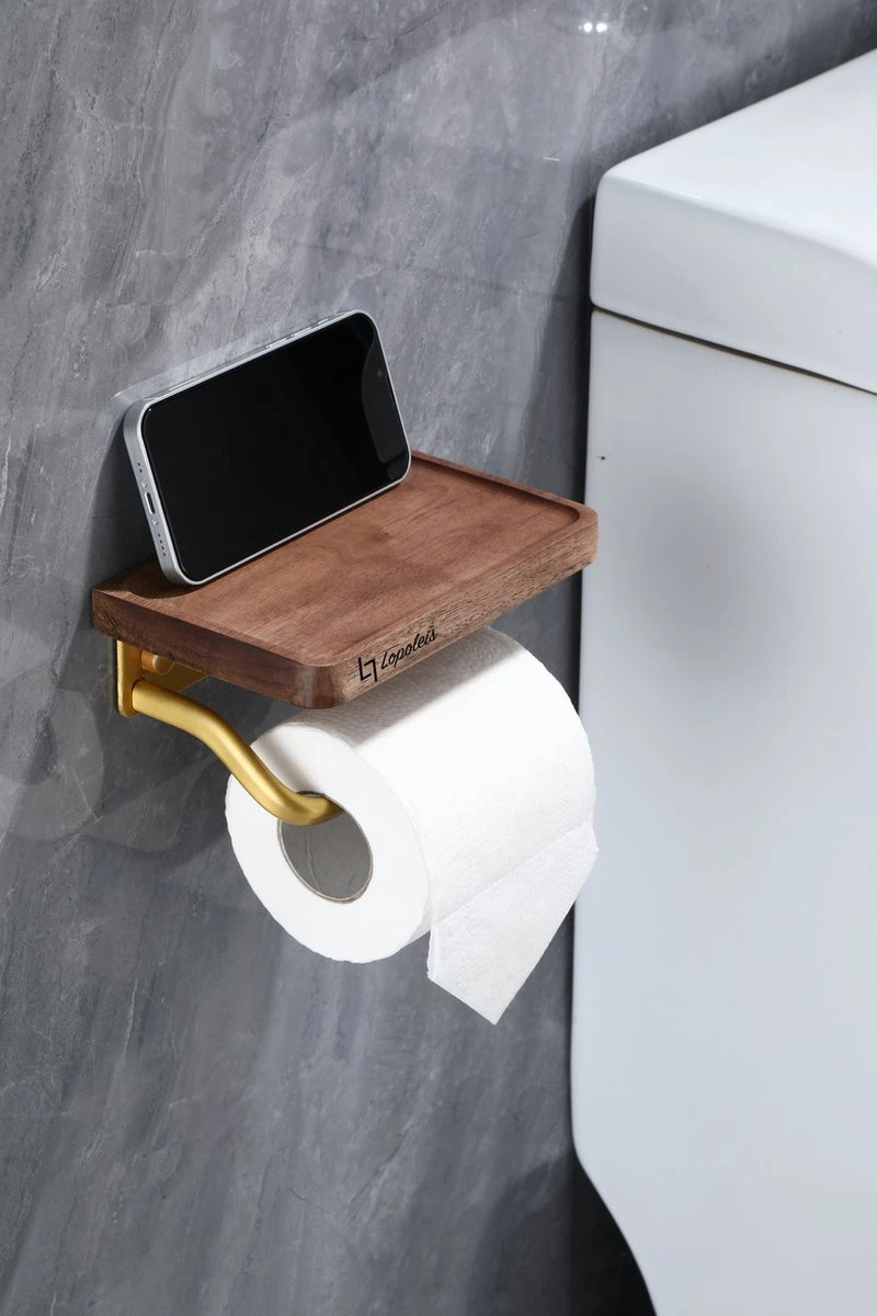 Lopoleis WC Rolhouder – Luxe Toiletrolhouder Walnoothout – Goud – Zelfklevend – WC Rolhouder Zonder Boren – Toiletrolhouder Met Plankje – WC Rolhouder Goud – Badkamer Accessoires 8 Lopoleis WC Rolhouder – Luxe Toiletrolhouder Walnoothout – Goud – Zelfklevend – WC Rolhouder Zonder Boren – Toiletrolhouder Met Plankje – WC Rolhouder Goud – Badkamer Accessoires - Afbeelding 8