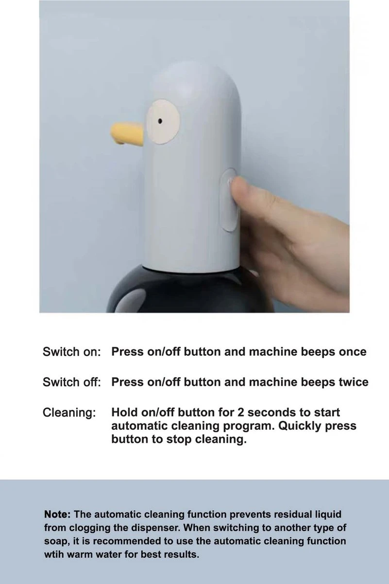 MUID Duck- Automatische Zeepdispenser - Handwas Schuimzeepdispenser Voor Kinderen - Zeeppompje-Oplaadbaar-Foam Technologie- Touchless Infrarood Sensor-Lichtblauw - 400ml - 10.35cm*11.5cm*19.5cm 4 MUID Duck- Automatische Zeepdispenser - Handwas Schuimzeepdispenser Voor Kinderen - Zeeppompje-Oplaadbaar-Foam Technologie- Touchless Infrarood Sensor-Lichtblauw - 400ml - 10.35cm*11.5cm*19.5cm - Afbeelding 4