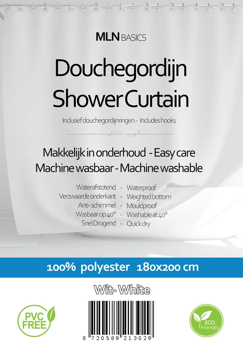 MLN Basics® Douchegordijn | Wit | 180x200 Cm | Inclusief Ringen | Anti-schimmel 2 MLN Basics® Douchegordijn | Wit | 180x200 Cm | Inclusief Ringen | Anti-schimmel - Afbeelding 2