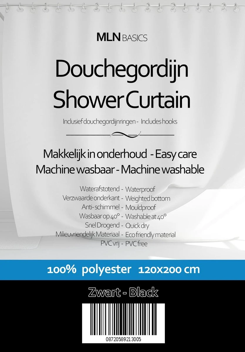 MLN Basics® Douchegordijn | Zwart | 120x200 Cm | Inclusief Ringen | Anti-schimmel 5 MLN Basics® Douchegordijn | Zwart | 120x200 Cm | Inclusief Ringen | Anti-schimmel - Afbeelding 5