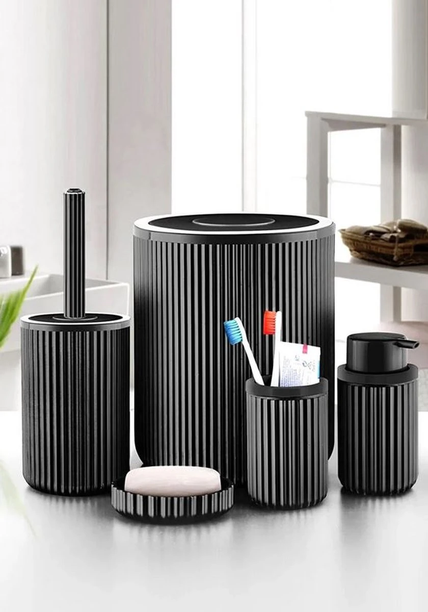 Badkamer Set - 5 Accessoires - Tandenborstelhouder - Zeepdispenser - WC Borstel - Zeepbakje - ZWART - Kayslus 1 Badkamer Set - 5 Accessoires - Tandenborstelhouder - Zeepdispenser - WC Borstel - Zeepbakje - ZWART - Kayslus