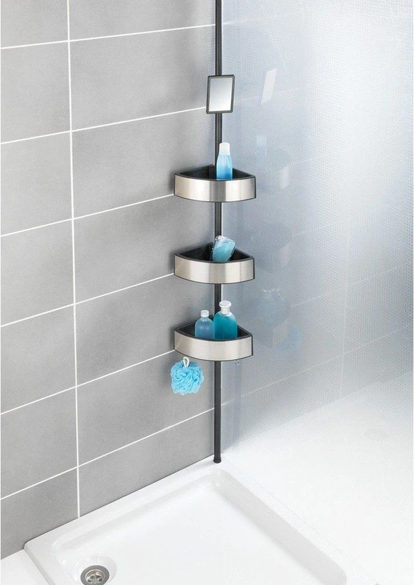 WENKO Telescopisch Doucherek Big Black 3-laags Met Spiegel Zilver/zwart - Bevestigen Zonder Boren 7 WENKO Telescopisch Doucherek Big Black 3-laags Met Spiegel Zilver/zwart - Bevestigen Zonder Boren - Afbeelding 7