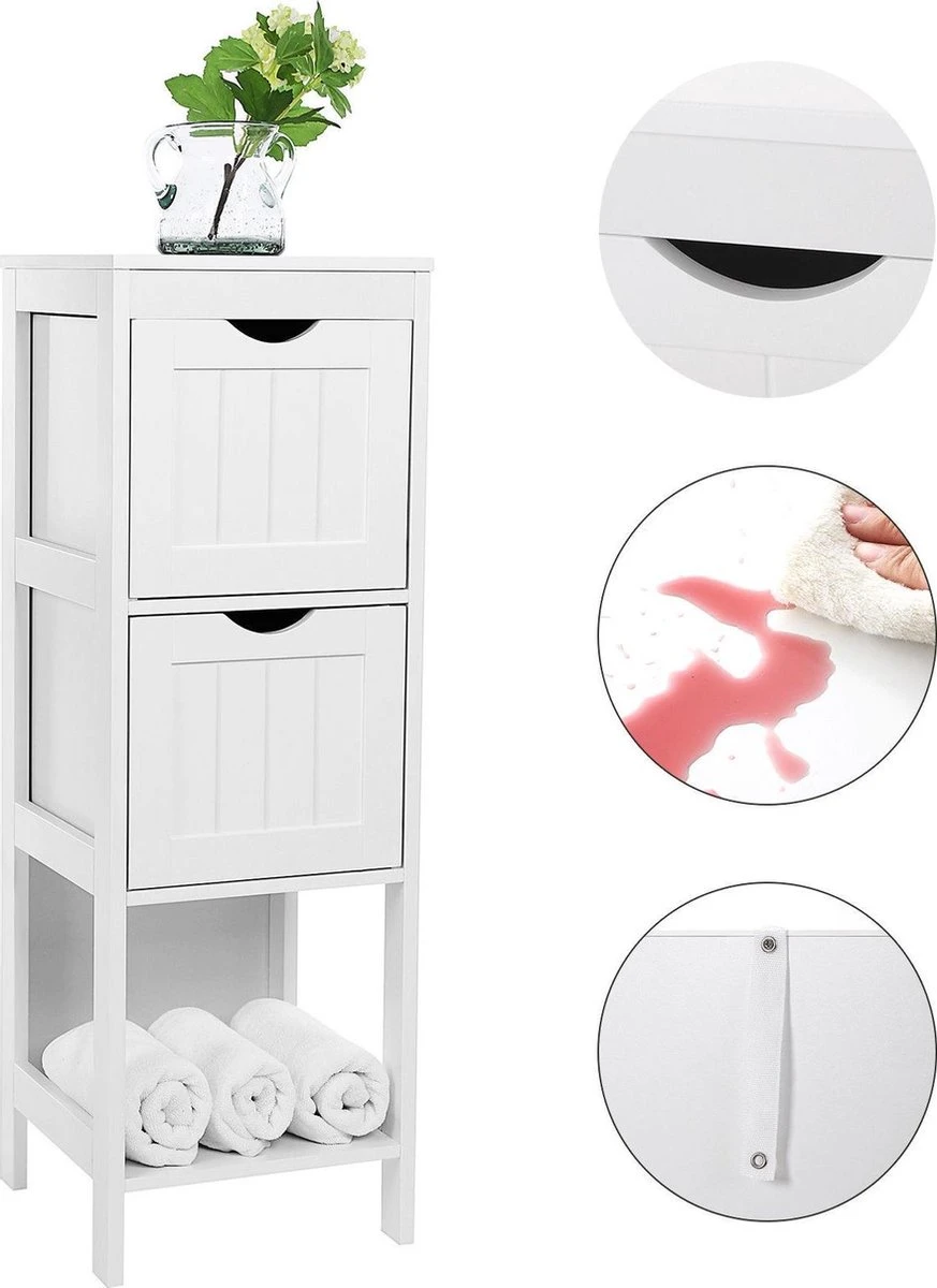 Staand Houten Badkamerkastje Met 2 Te Benutten Schuiflades - Vrijstaand Kastje Voor Badkamer Met Twee Lades - 30x30x89cm - Wit 3 Staand Houten Badkamerkastje Met 2 Te Benutten Schuiflades - Vrijstaand Kastje Voor Badkamer Met Twee Lades - 30x30x89cm - Wit - Afbeelding 3