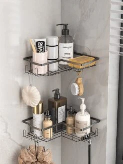 STRICX Doucherekhoek 2 Laags Zwart - Zonder Boren - Zelfklevend Doucherek - Doucherek - Doucherek Voor Badkamer/ Keuken - Doucherek Met Plakstrip - Keukenrek Met Plakstrip - Badrek Douche – Doucherek Hoekvorm - Badkamerrek Douchemandje