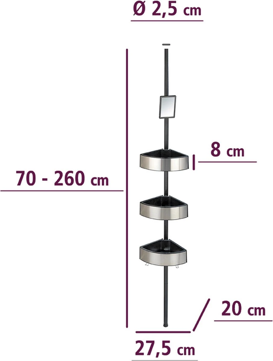 WENKO Telescopisch Doucherek Big Black 3-laags Met Spiegel Zilver/zwart - Bevestigen Zonder Boren 2 WENKO Telescopisch Doucherek Big Black 3-laags Met Spiegel Zilver/zwart - Bevestigen Zonder Boren - Afbeelding 2