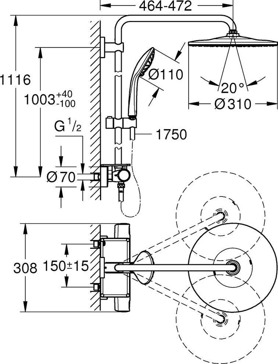 GROHE QuickFix Vitalio Joy 310 Regendouche - CoolTouch - Met Planchet - ø 31 Cm - Chroom 2 GROHE QuickFix Vitalio Joy 310 Regendouche - CoolTouch - Met Planchet - ø 31 Cm - Chroom - Afbeelding 2