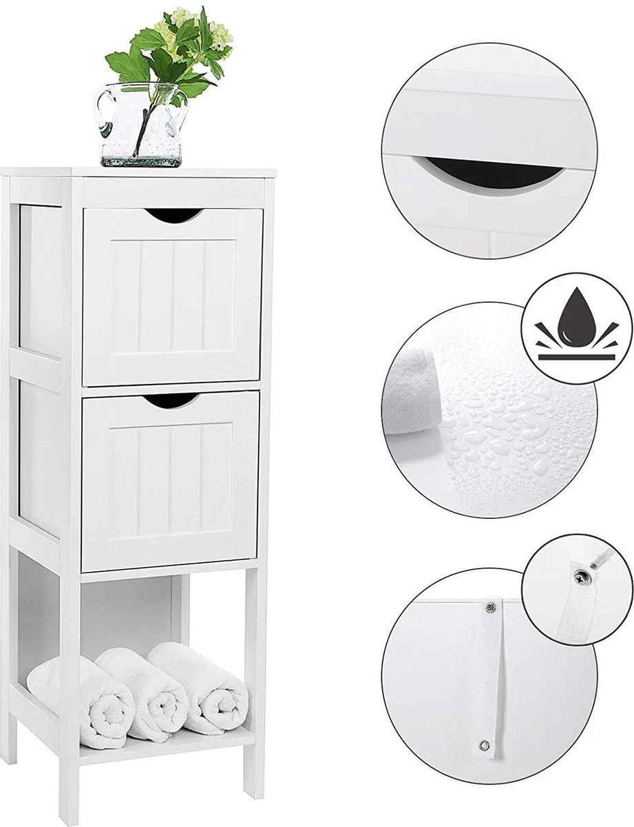 Staand Houten Badkamerkastje Met 2 Te Benutten Schuiflades - Vrijstaand Kastje Voor Badkamer Met Twee Lades - 30x30x89cm - Wit 4 Staand Houten Badkamerkastje Met 2 Te Benutten Schuiflades - Vrijstaand Kastje Voor Badkamer Met Twee Lades - 30x30x89cm - Wit - Afbeelding 4