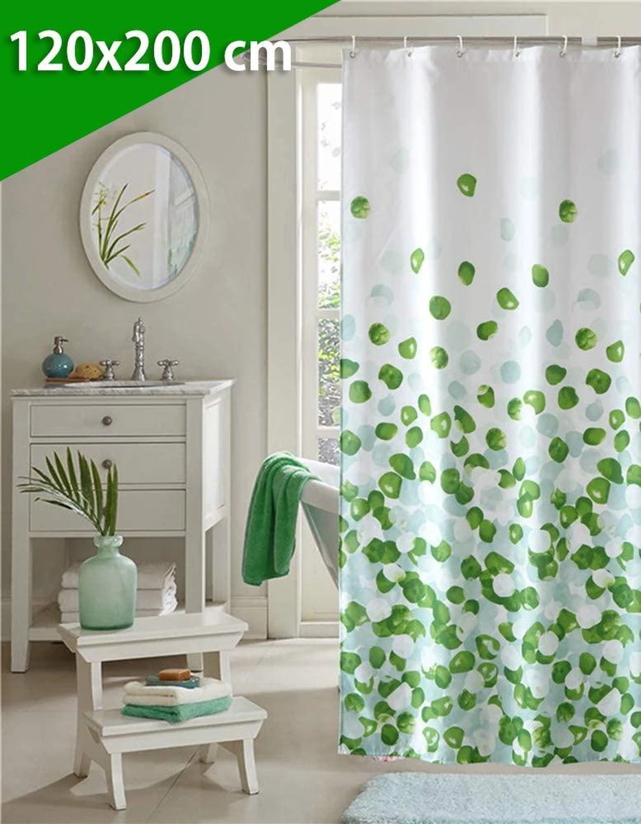 Douchegordijn 120x200 Cm (Small) - Met Ophangringen - Makkelijk Te Bevestigen - Waterdicht - Polyester - Sneldrogend En Anti Schimmel - Wasbaar En Duurzaam - Green Petals 1 Douchegordijn 120x200 Cm (Small) - Met Ophangringen - Makkelijk Te Bevestigen - Waterdicht - Polyester - Sneldrogend En Anti Schimmel - Wasbaar En Duurzaam - Green Petals