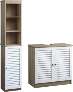 Deuba Badkamermeubel Set - Wastafelonderkast - Hoge Kast Wit Eiken