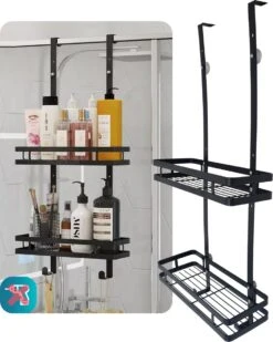 L'eauxe Doucherek Hangend Zonder Boren - Ophangbaar Badkamerrek Aan Douchewand - Opbergrek - Badkamer Accessoires - RVS - Zwart - Cadeau