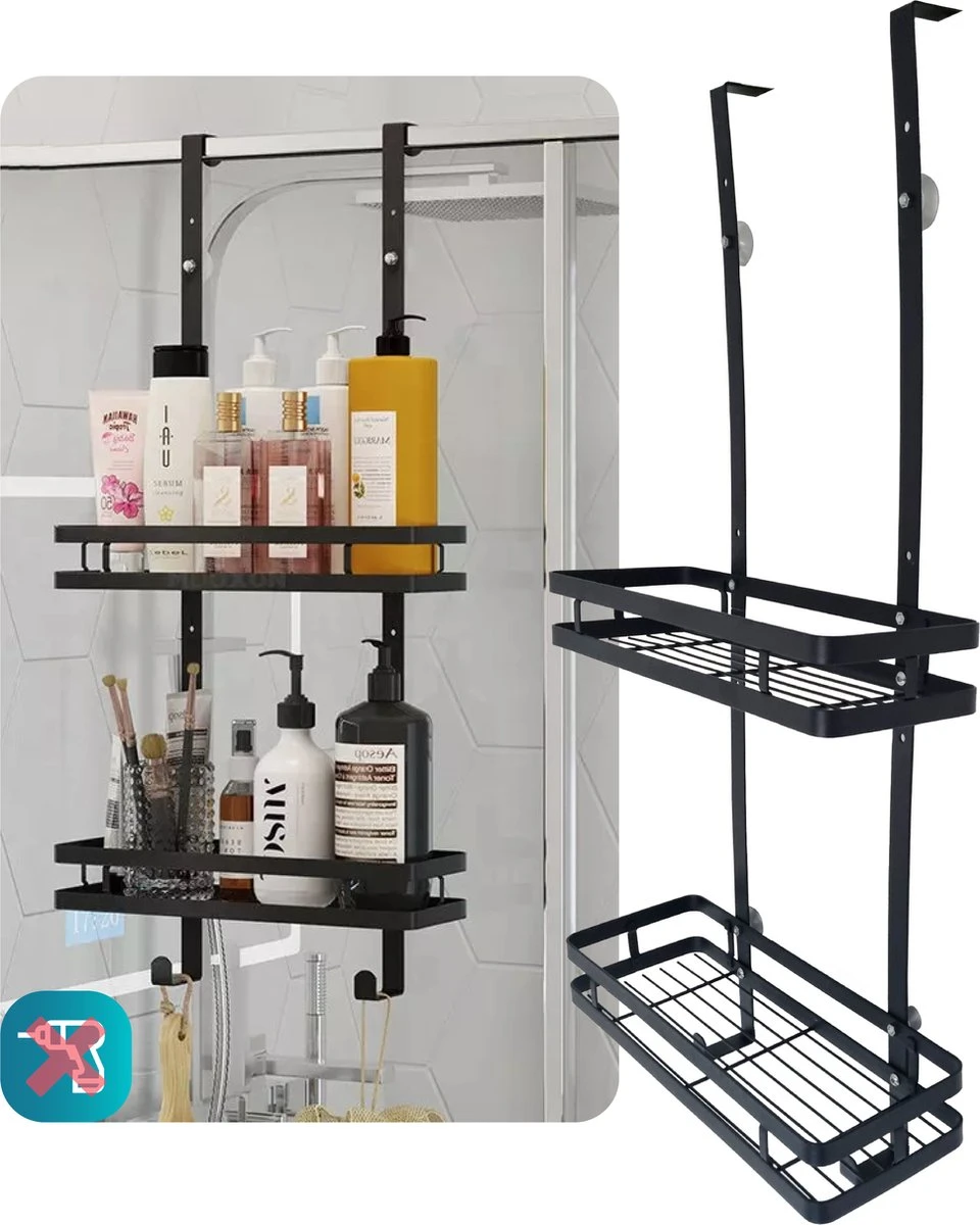 L'eauxe Doucherek Hangend Zonder Boren - Ophangbaar Badkamerrek Aan Douchewand - Opbergrek - Badkamer Accessoires - RVS - Zwart - Cadeau 1 L'eauxe Doucherek Hangend Zonder Boren - Ophangbaar Badkamerrek Aan Douchewand - Opbergrek - Badkamer Accessoires - RVS - Zwart - Cadeau