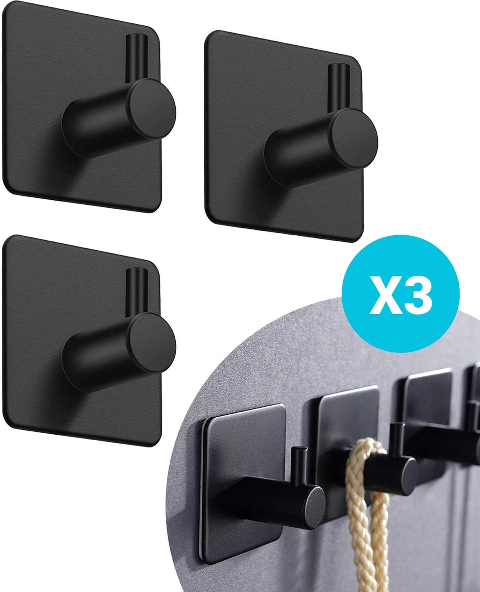 Qitch & Quisine Handdoekhaakjes - Set Van 3 Zwarte Haakjes - Zelfklevend - Waterbestendig - RVS 1 Qitch & Quisine Handdoekhaakjes - Set Van 3 Zwarte Haakjes - Zelfklevend - Waterbestendig - RVS