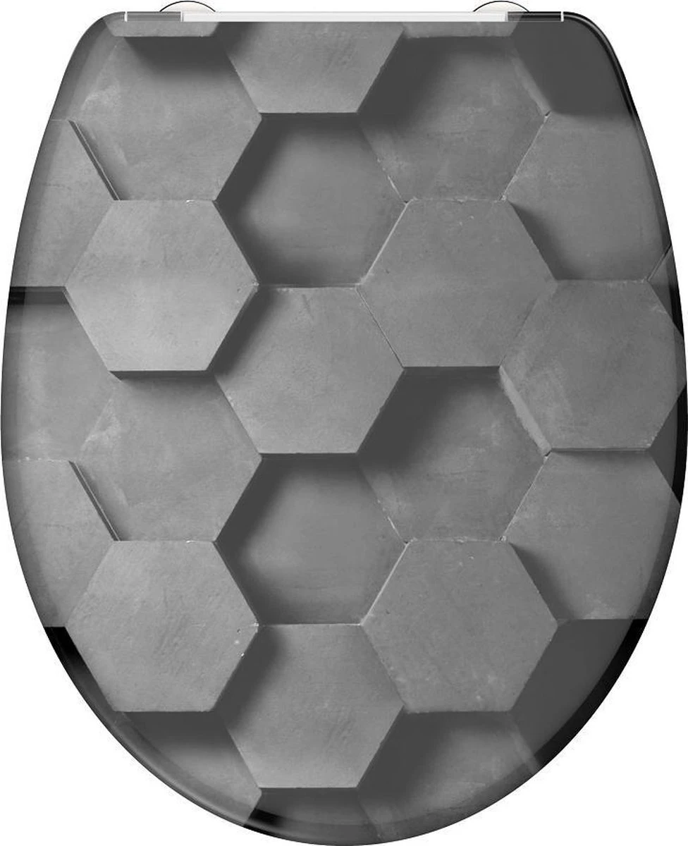 SCHÜTTE WC-Bril 82392 GREY HEXAGONS - Duroplast - Soft Close - Afklikbaar - RVS-Scharnieren - Decor - 3-zijdige Print 1 SCHÜTTE WC-Bril 82392 GREY HEXAGONS - Duroplast - Soft Close - Afklikbaar - RVS-Scharnieren - Decor - 3-zijdige Print