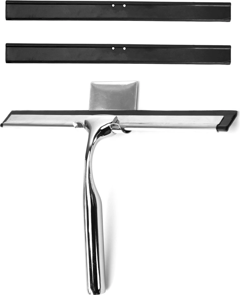 Douchewisser Met Ophanghaak En 2 Extra Strips - Raamwisser Voor Douche - Raamtrekker Chroom 1 Douchewisser Met Ophanghaak En 2 Extra Strips - Raamwisser Voor Douche - Raamtrekker Chroom